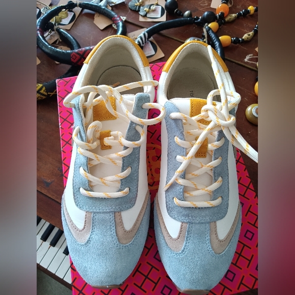 Tory Burch White and Gray Sneakers with Yellow Accents - Picture 3 of 5